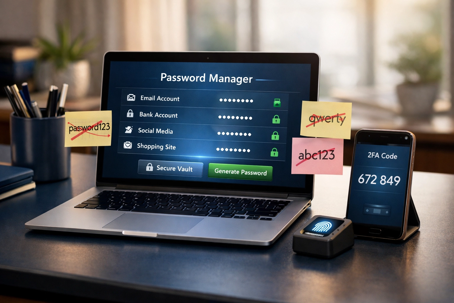 Modern password security tools including password manager and multi-factor authentication device