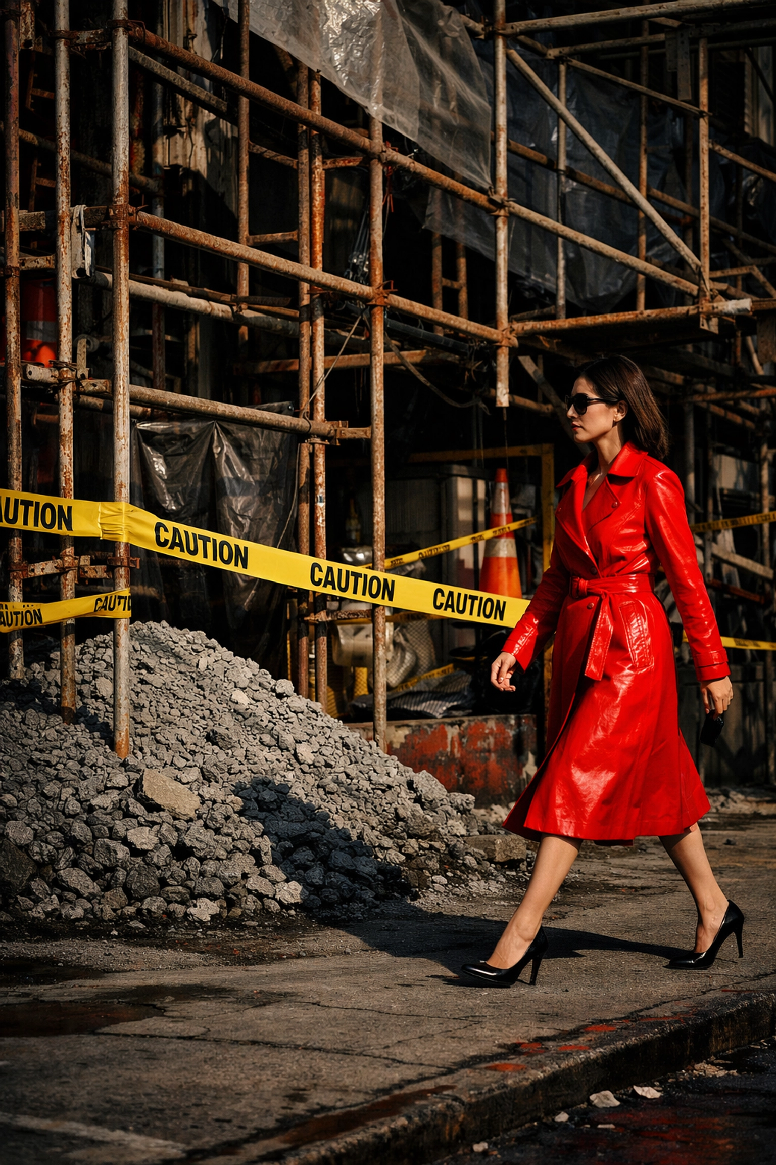 Woman in a red coat at a construction site, capturing creative street photography ideas using urban juxtaposition.