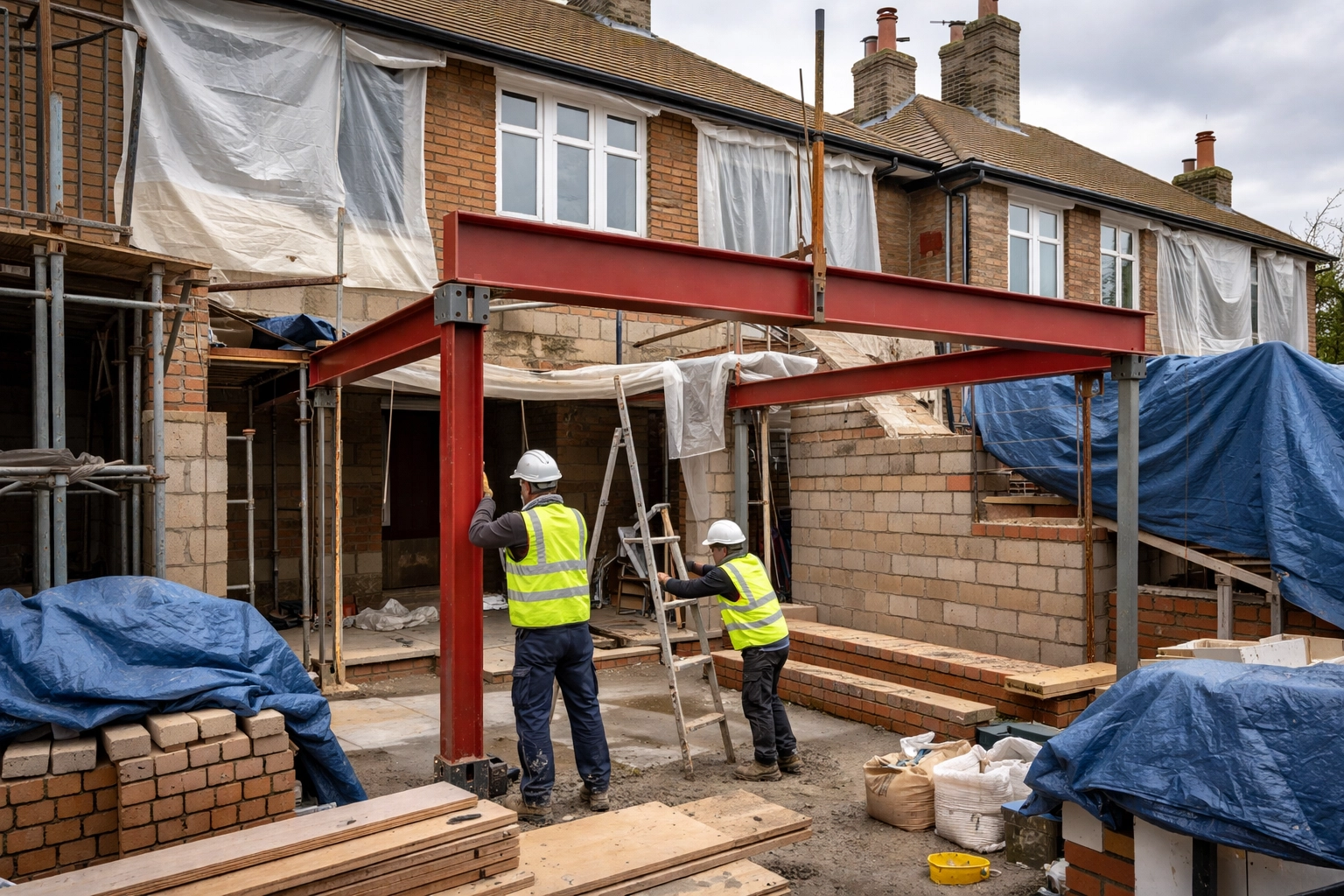 Steel beam installation during rear house extension build on a Walthamstow semi-detached