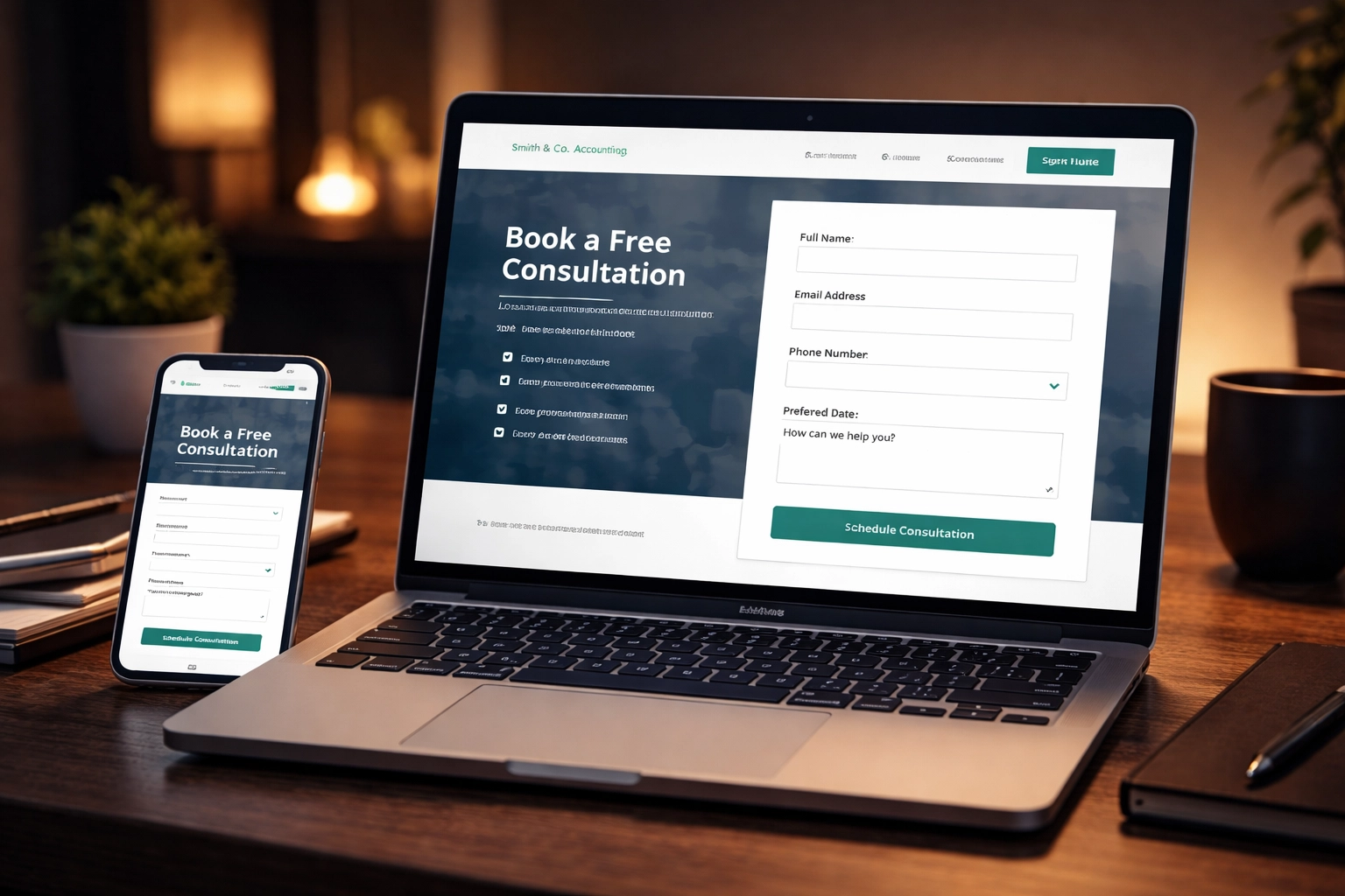 Modern laptop and smartphone displaying a Brisbane accountant website consultation form for easy online booking