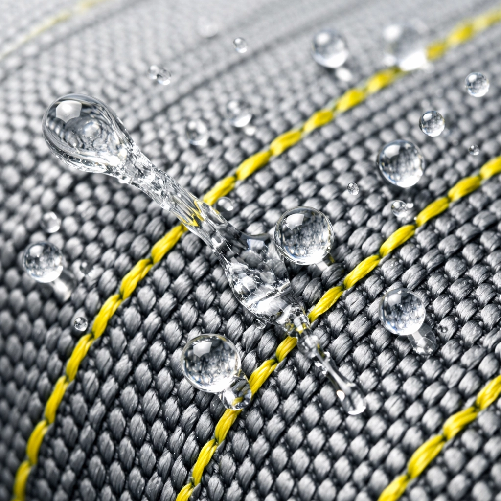 Macro view of moisture-wicking polyester fabric showing water droplets being pulled away for peak performance.
