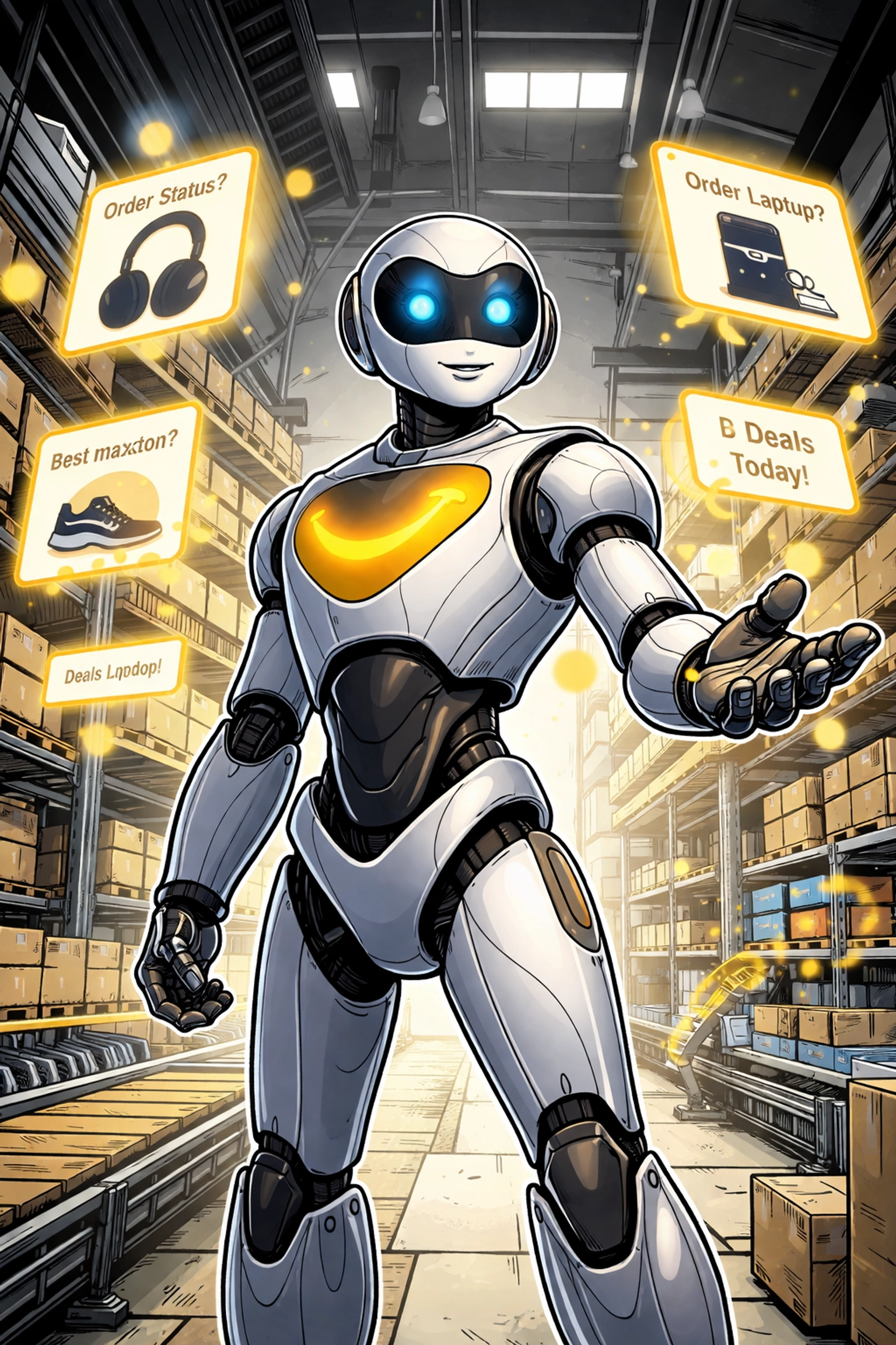 Amazon AI assistant Rufus in a warehouse, illustrating intent-driven listing optimization for ecommerce.