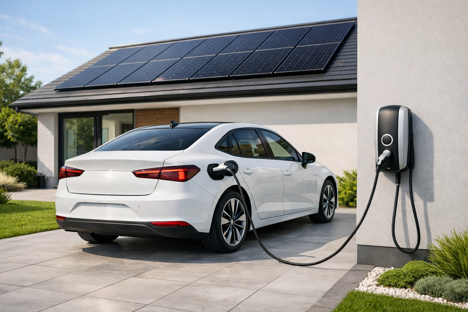 Electric vehicle charging at home using renewable energy from integrated rooftop solar panels.