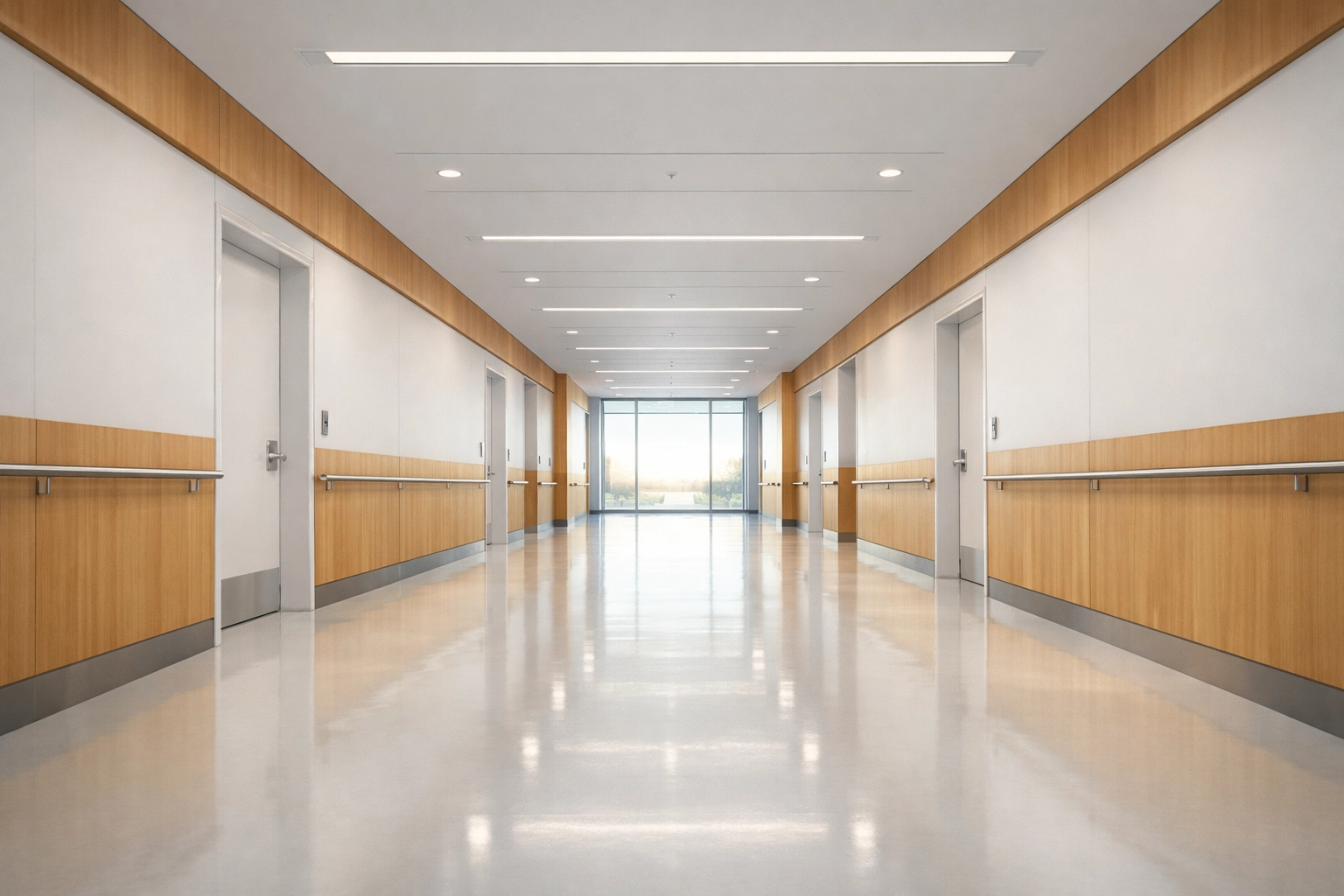 A modern, stable hospital hallway representing future-proof hospital administration and cost control strategies.