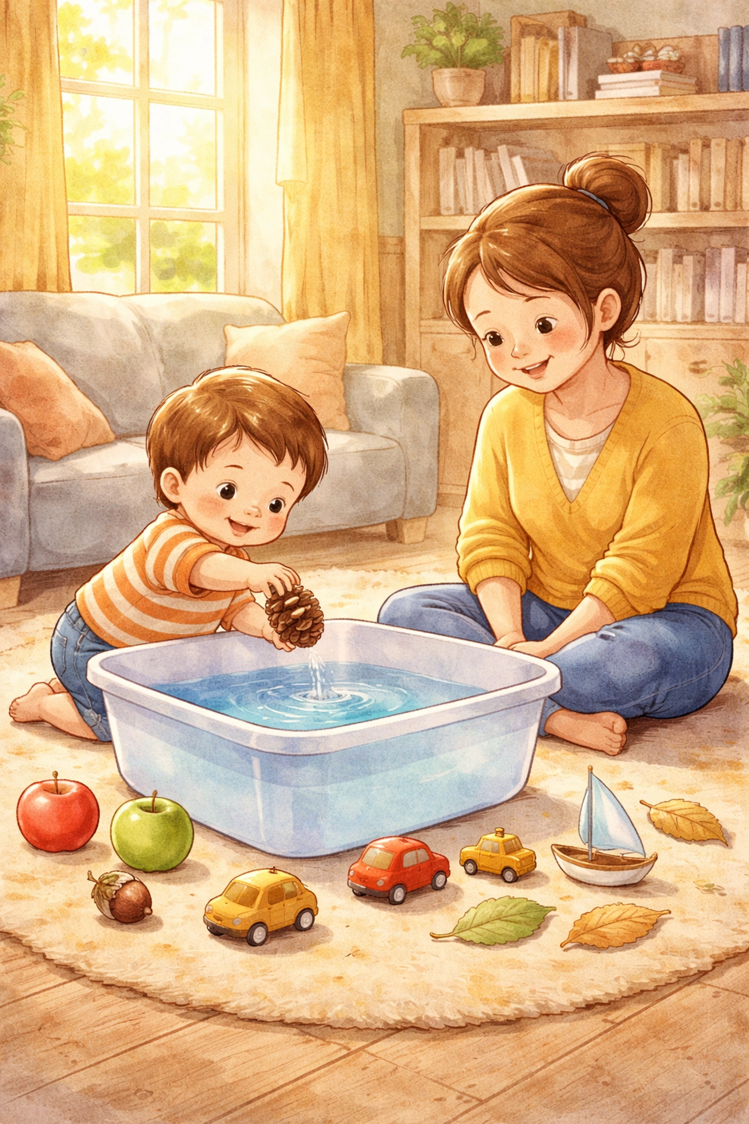 Parent and toddler together testing objects in a sink or float science activity at home