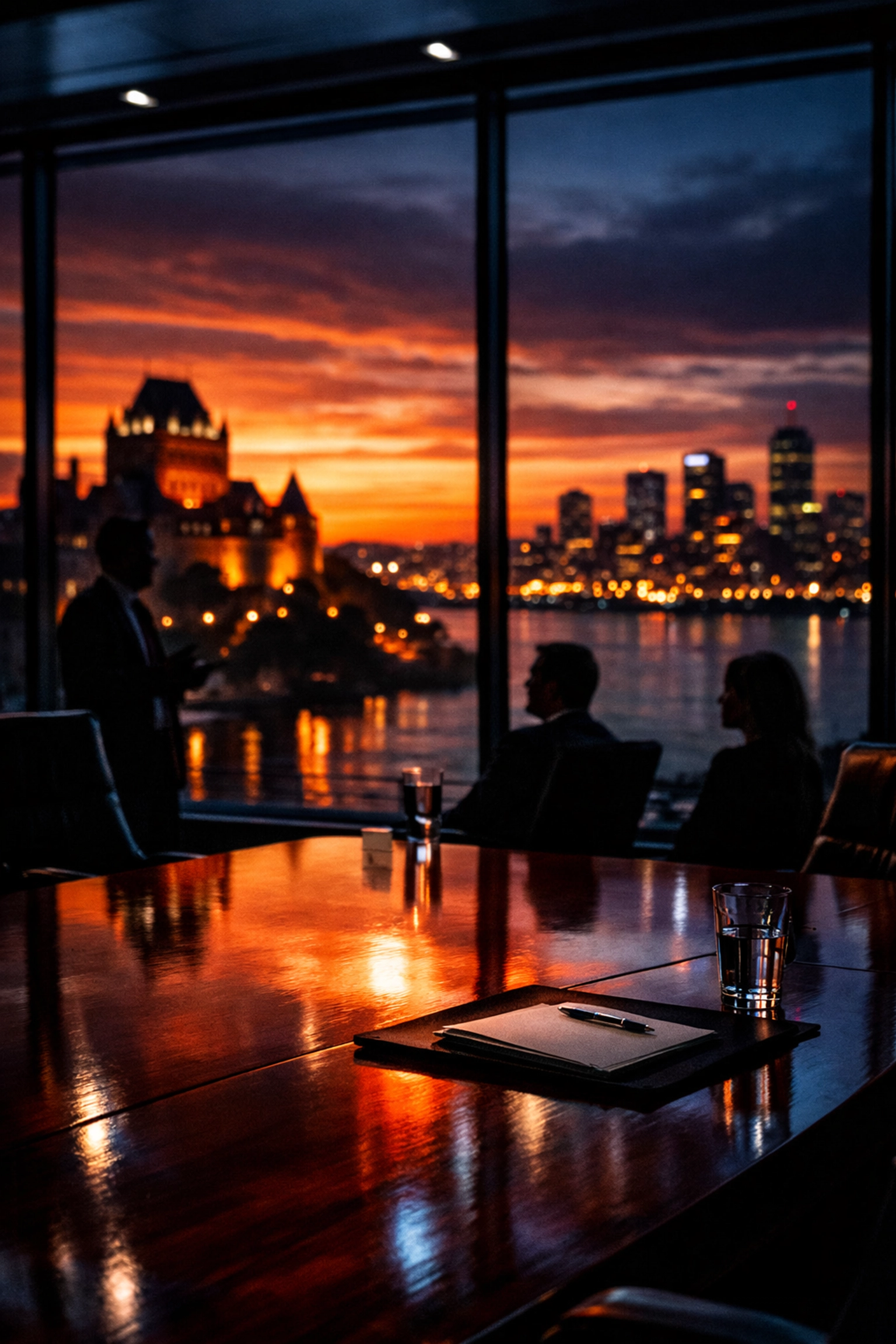 Modern Lévis skyscraper boardroom overlooking Quebec City, representing provincial financial sector expansion.