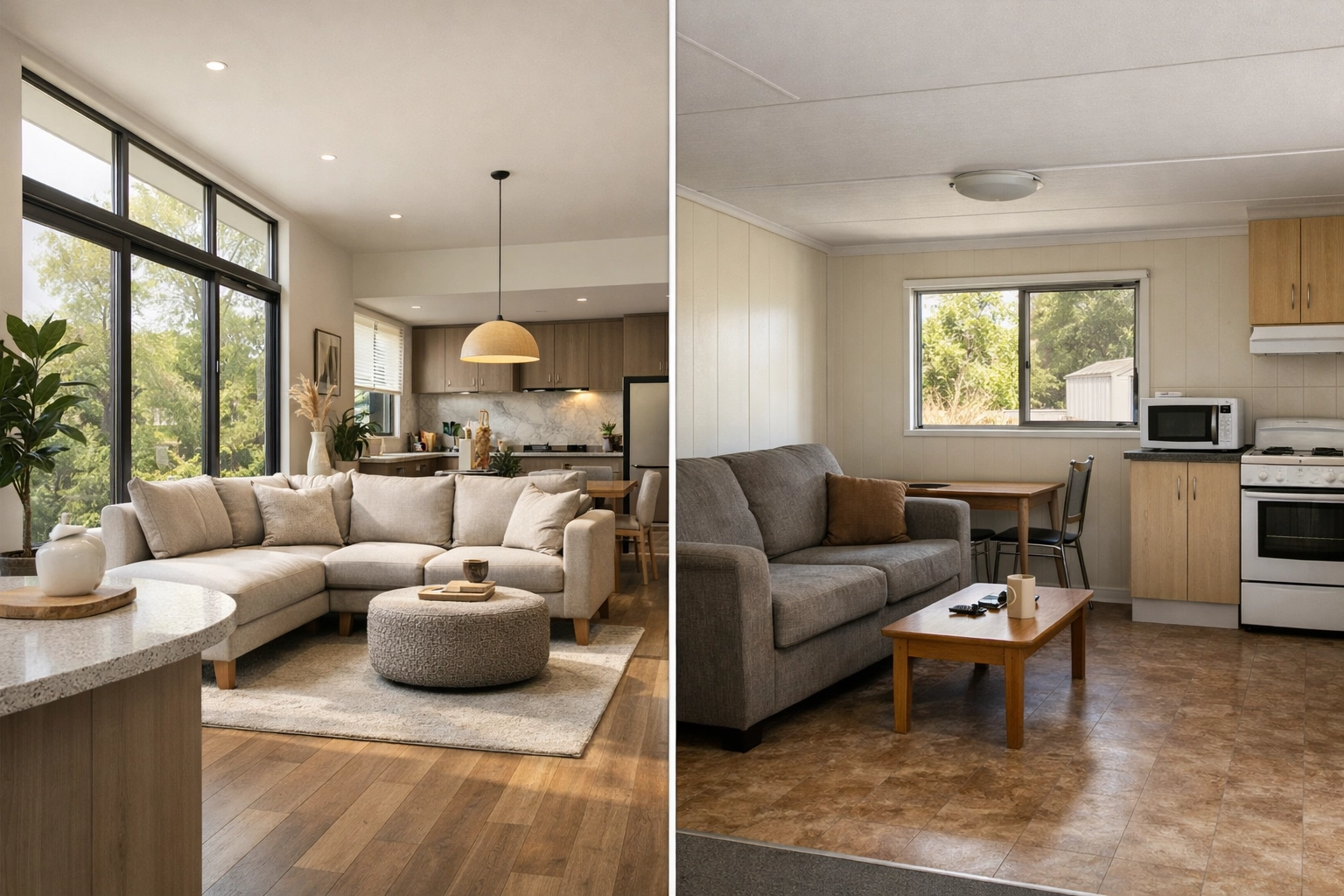 Interior comparison showing modular home premium finishes versus transportable home