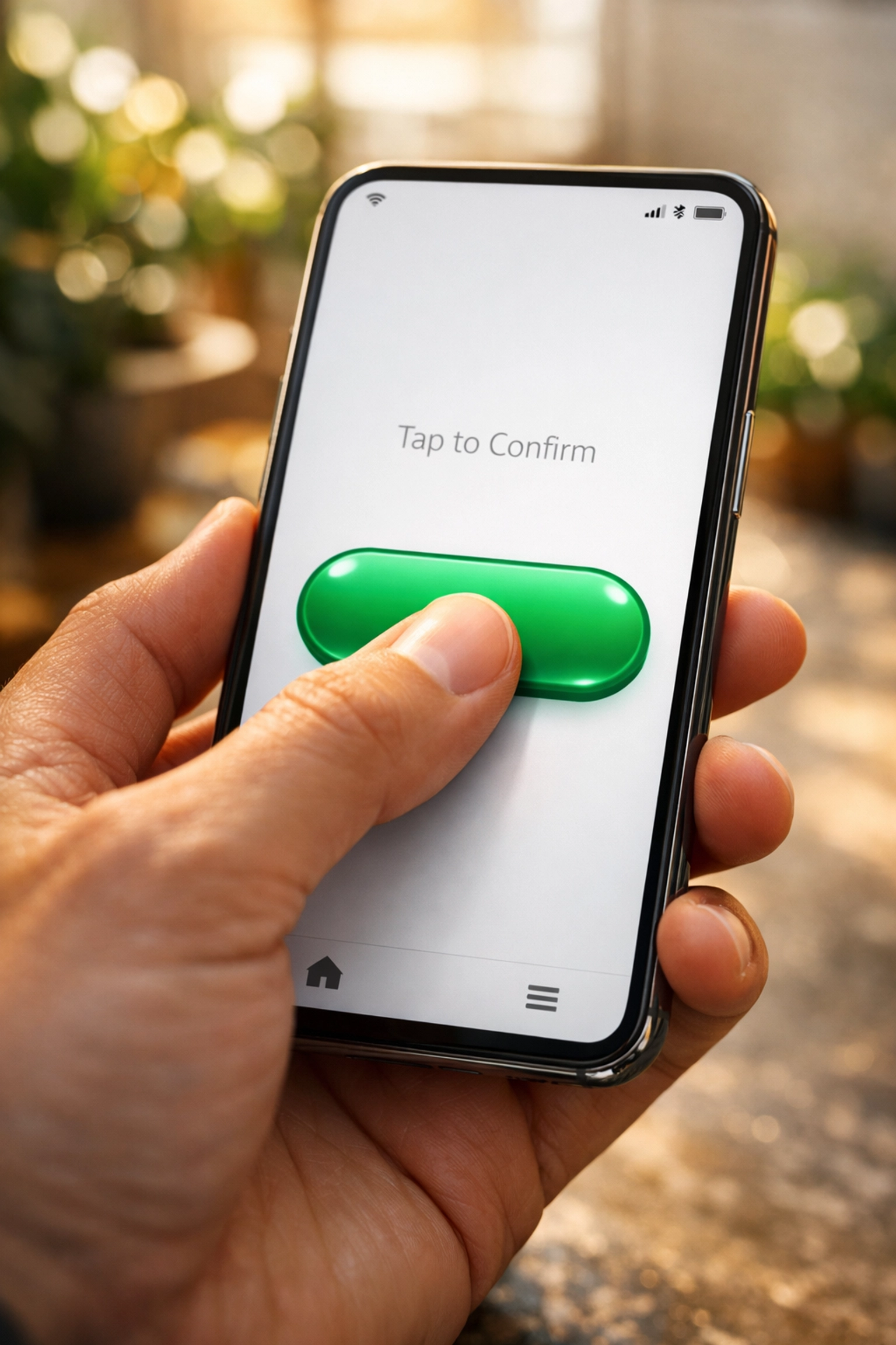 Hand tapping a high-converting green call-to-action button on a modern mobile-native landing page interface.