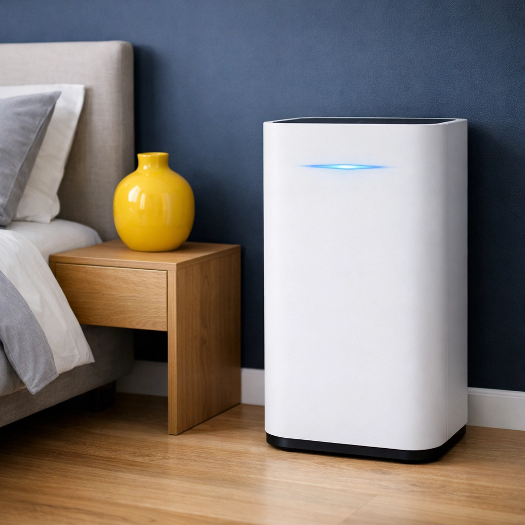 Sleek air purifier for removing chemical odors and VOCs released from newly installed floor materials.
