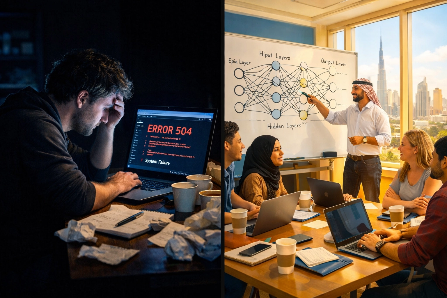 Online learning frustration vs in-person machine learning course Dubai classroom collaboration