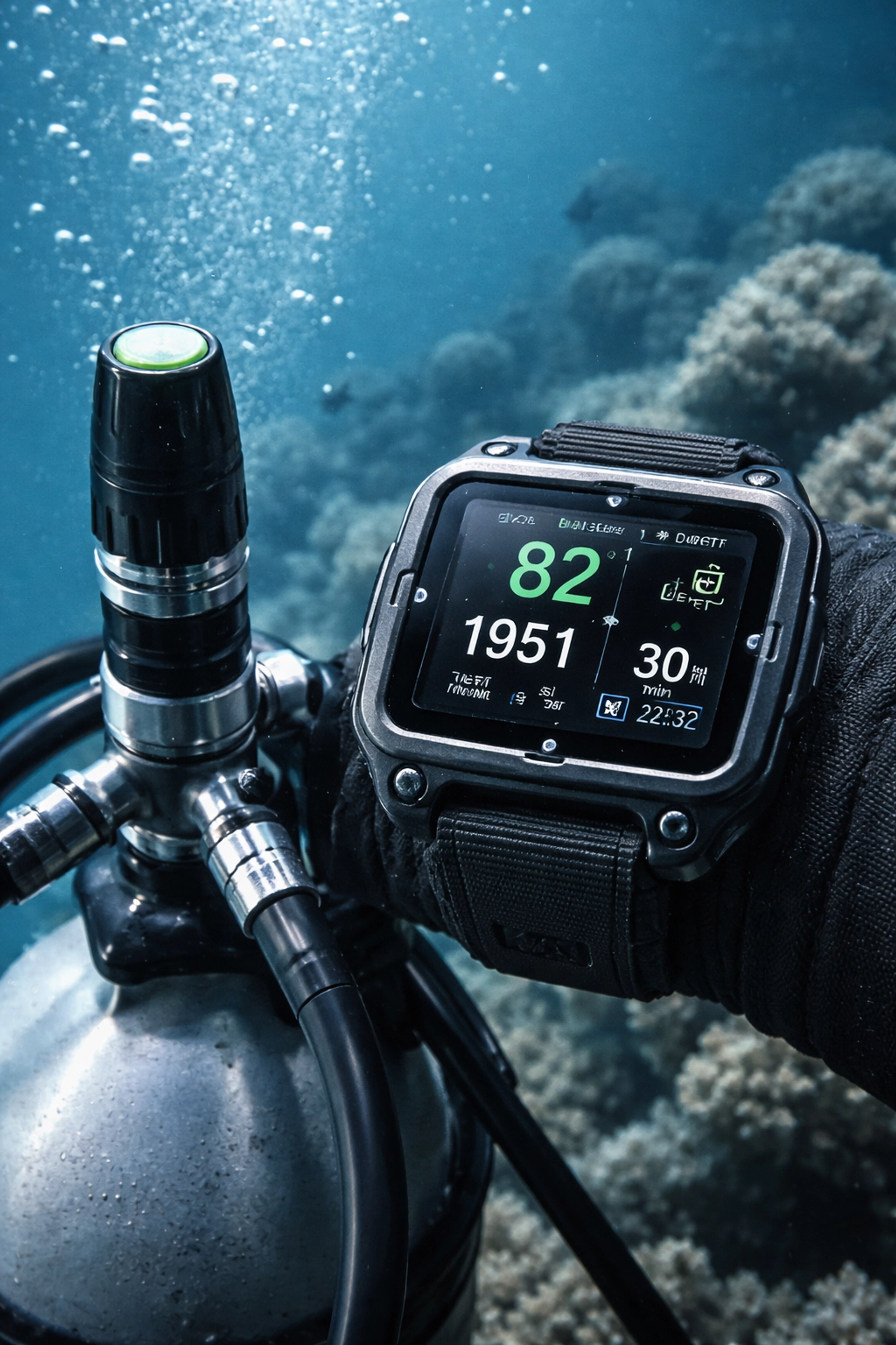 Nahaufnahme eines modernen Tauchcomputers mit Luftintegration und Sender für Echtzeit-Gasverbrauch beim Tauchen