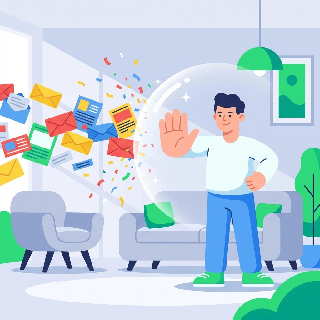A person stops a stream of junk mail in a calm living room, illustrating Zipinmail's mailbox control and junk blocking.