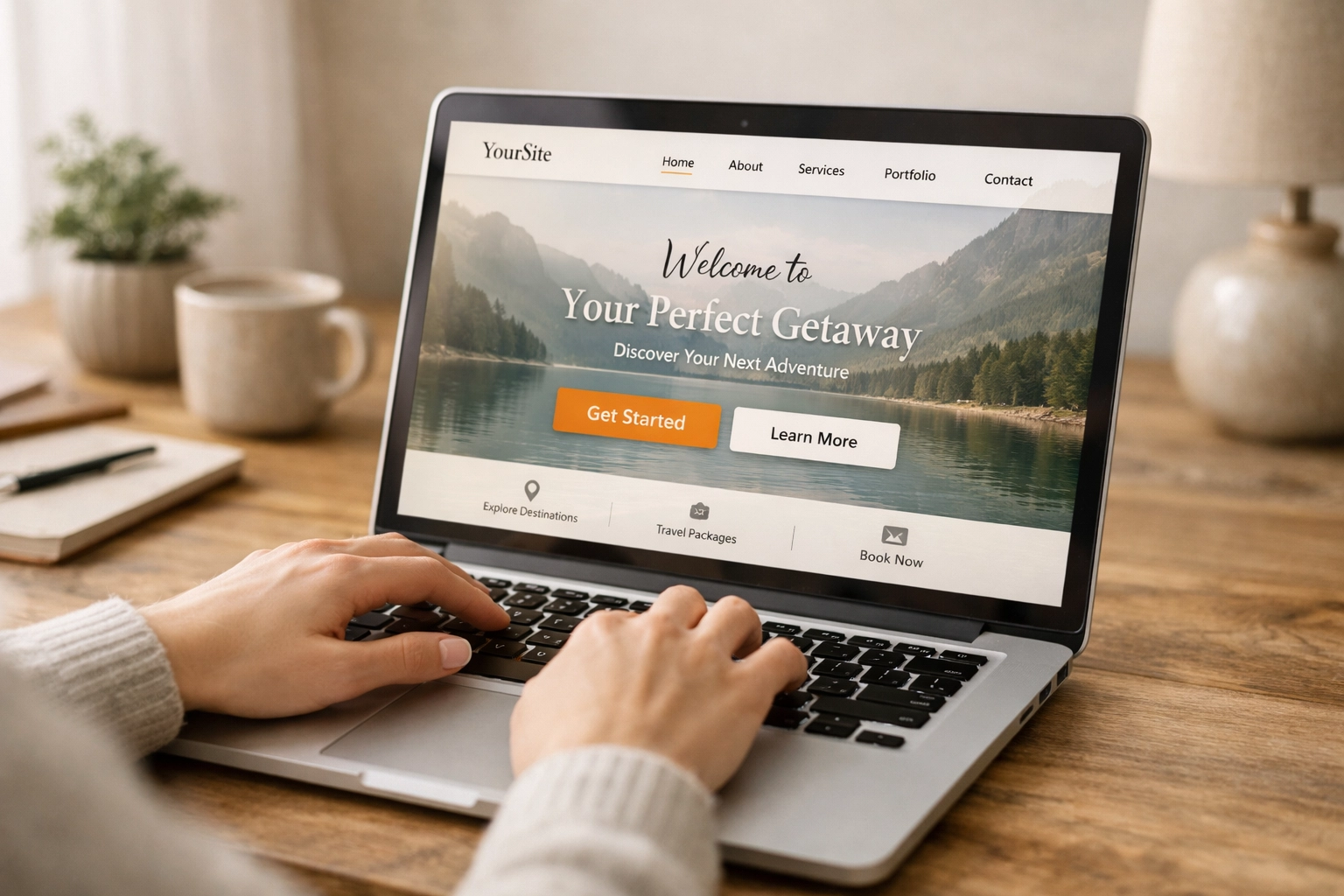 Business owner using professional website with clear navigation and call-to-action buttons