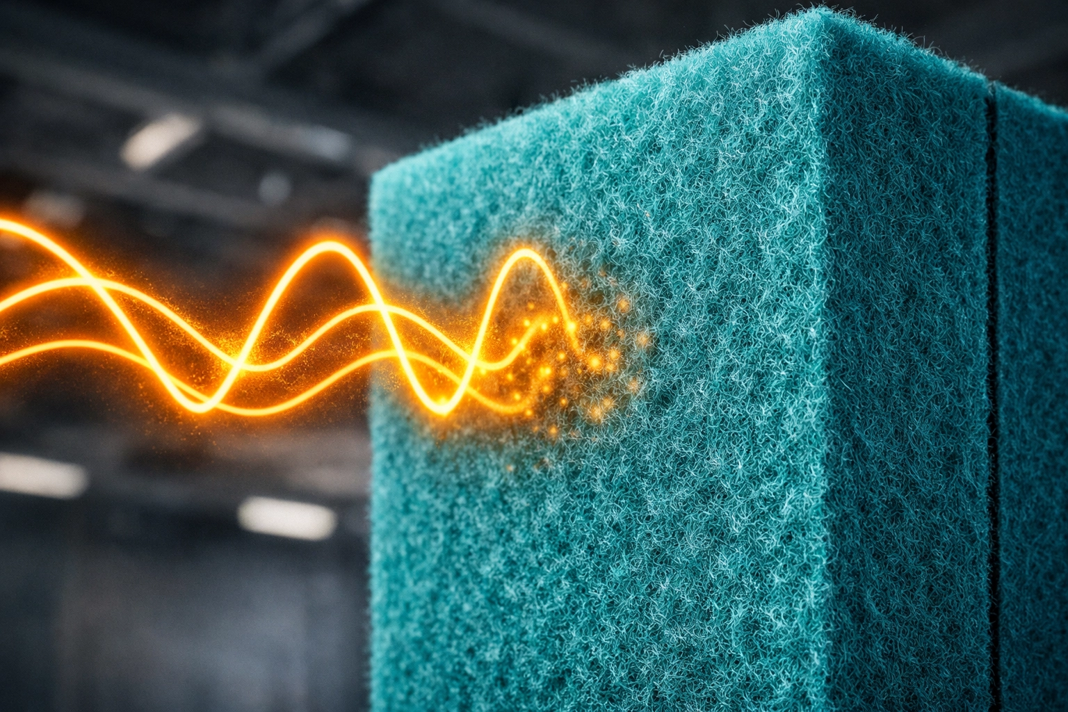 High-density PET baffle panel illustrating sound wave absorption and acoustic performance.