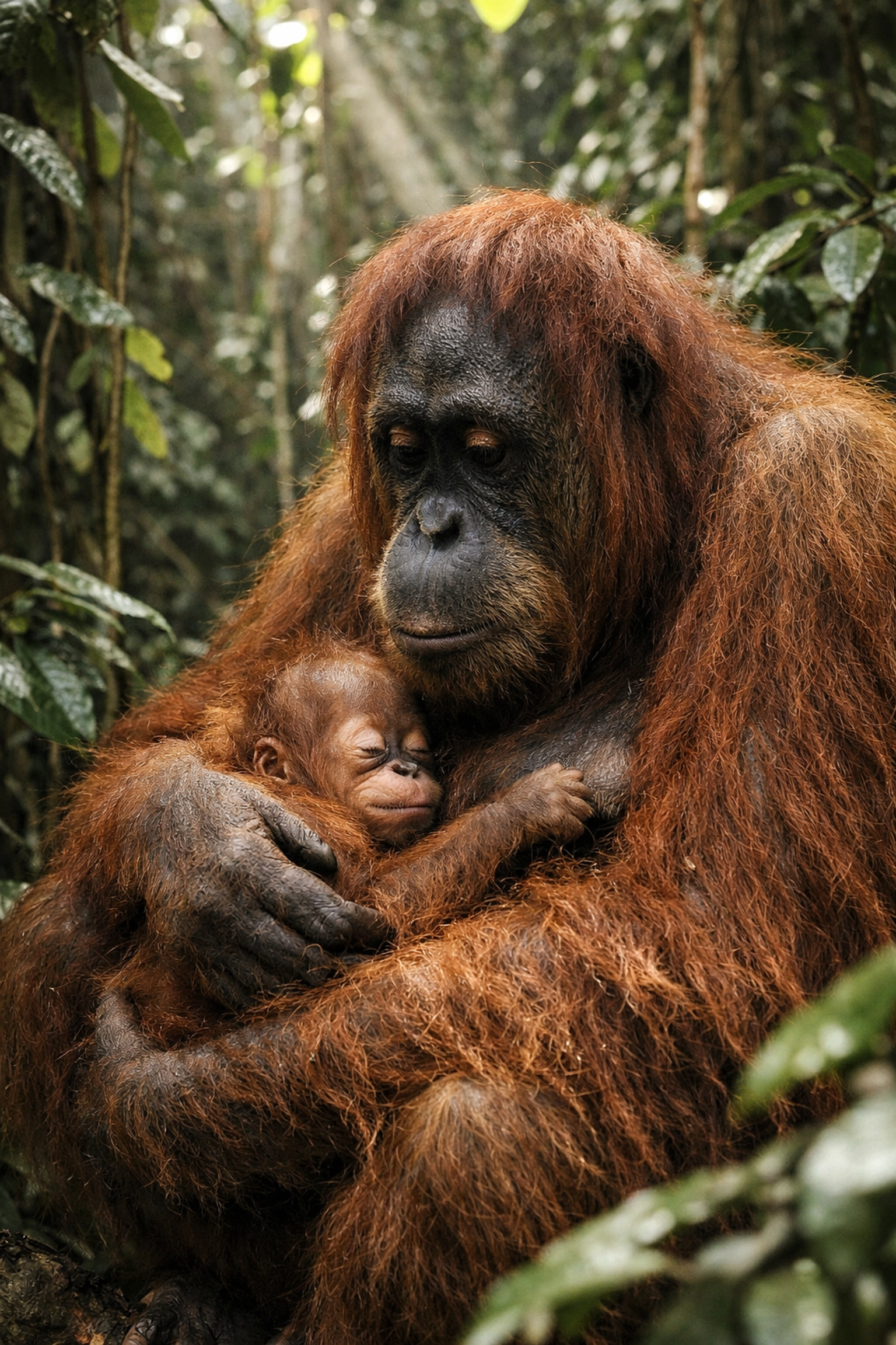 Orangutan mother and baby in a lush forest canopy, supporting ESG and conservation storytelling.