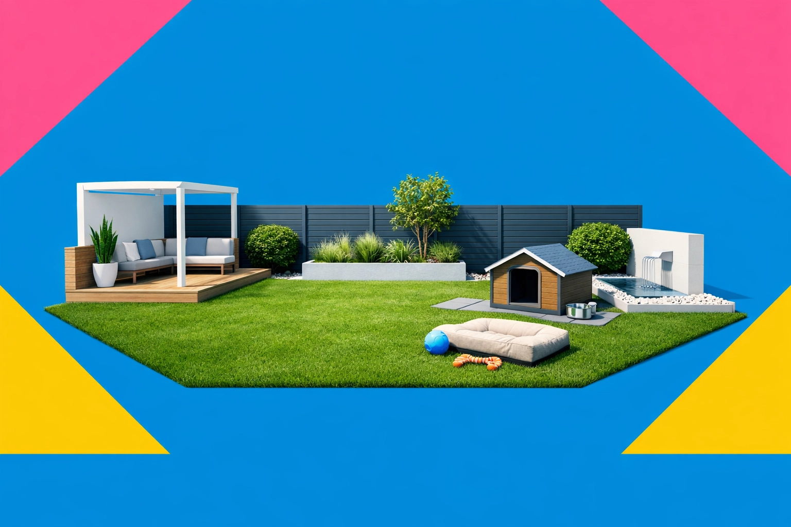 A well-maintained backyard with short grass to create a pest-resistant environment for dogs.
