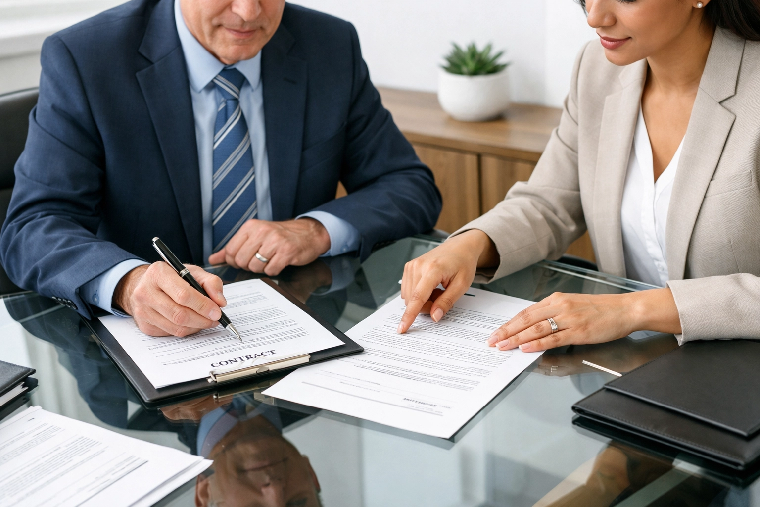 Tax professionals reviewing and signing ERO service bureau agreement documents