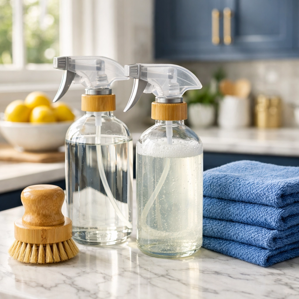 Eco-friendly cleaning products on a marble island in a luxury Manchester-by-the-Sea kitchen.