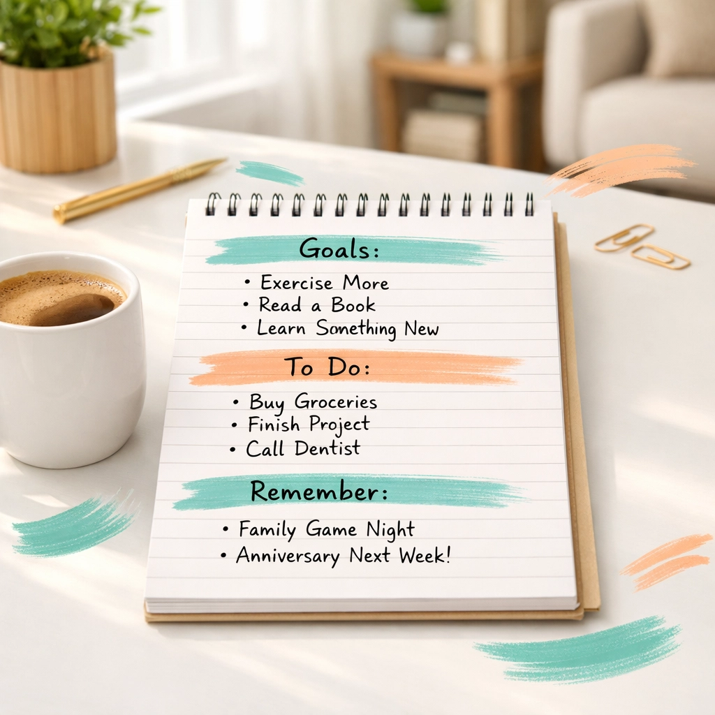 Organized desk with priority list and coffee showing calm home buying decision planning approach