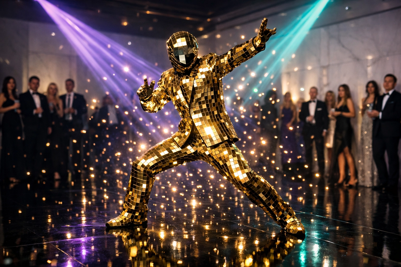 Golden mirror performer reflecting light in a luxury ballroom for high-end corporate event entertainment.