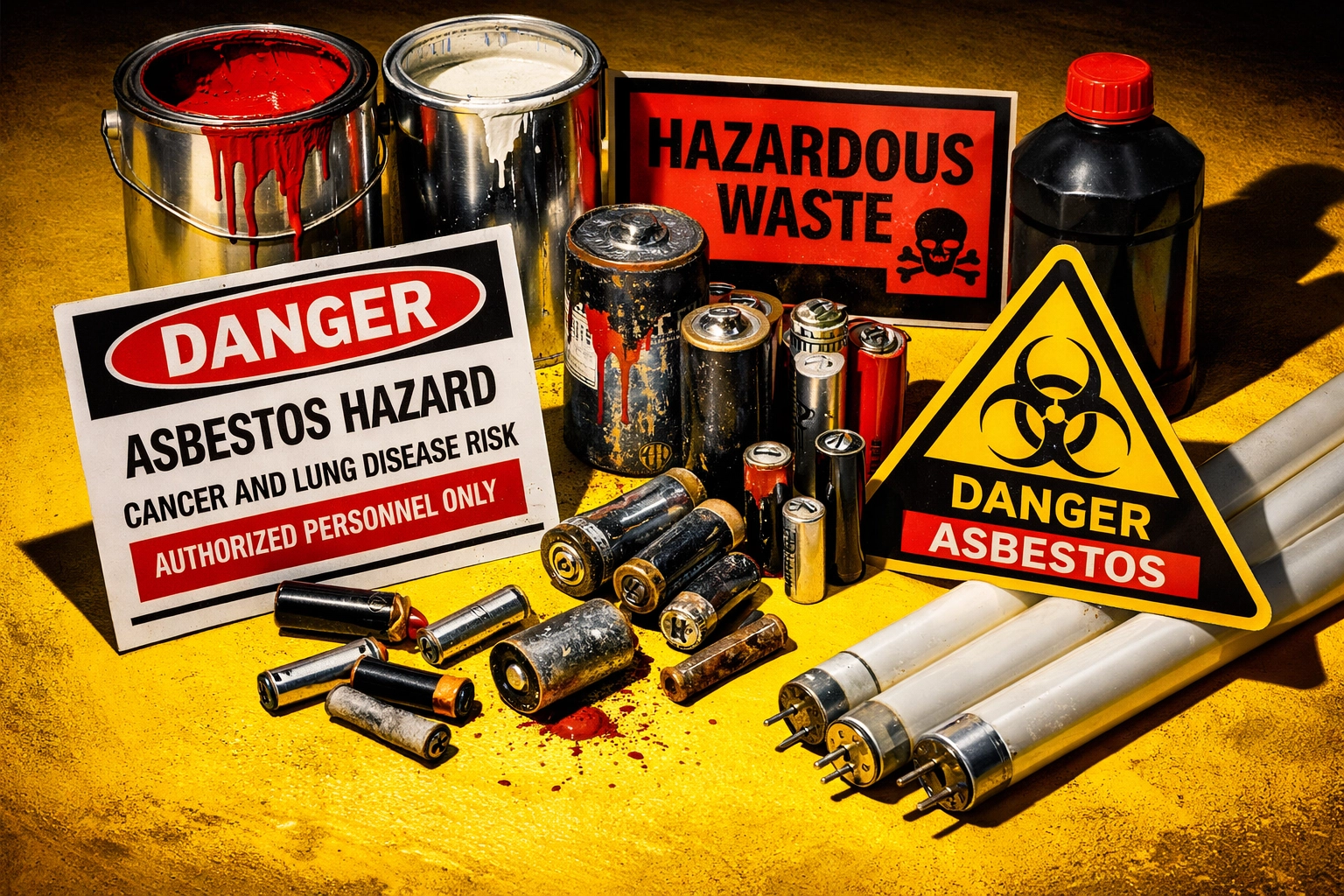 Hazardous waste items banned from skip hire including batteries, paint cans and fluorescent bulbs