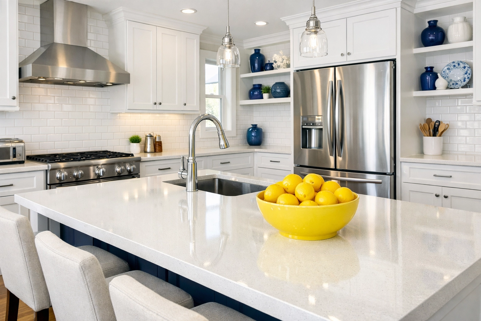 Professional deep house cleaning Pepperell MA results in a modern kitchen with shiny appliances and spotless tile.