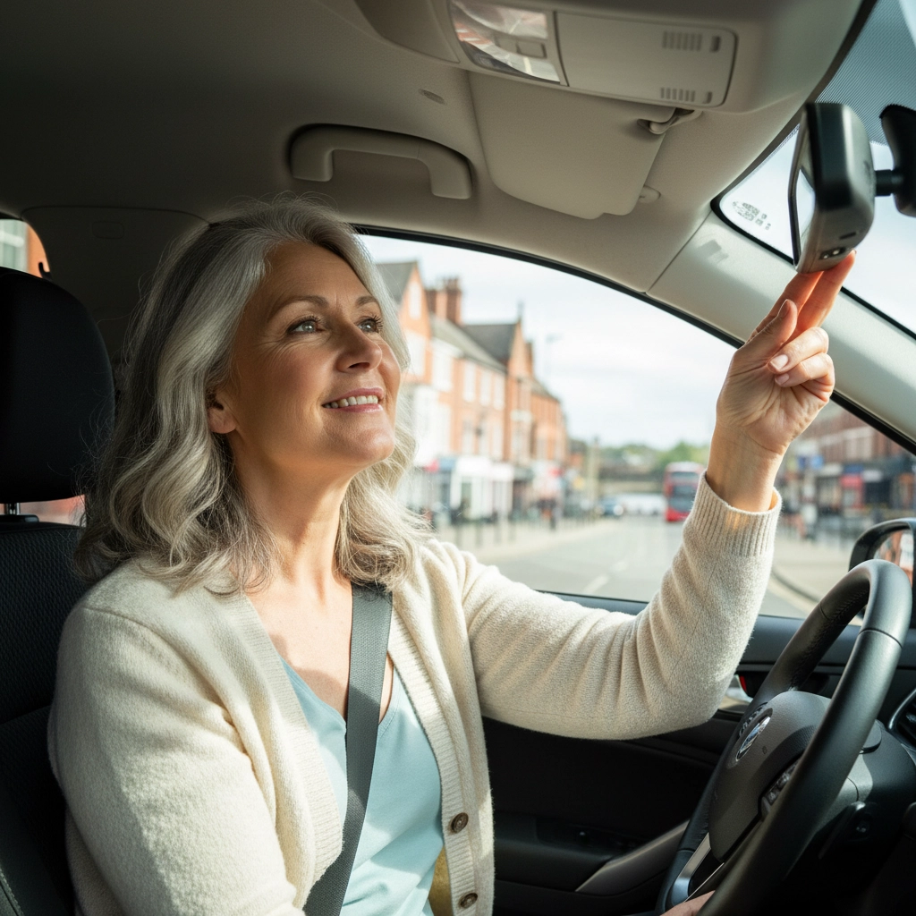 A smiling woman adjusts the rearview mirror while driving in a town. She wears a cream sweater and seatbelt; the street is visible outside. Driving lessons Burton.
