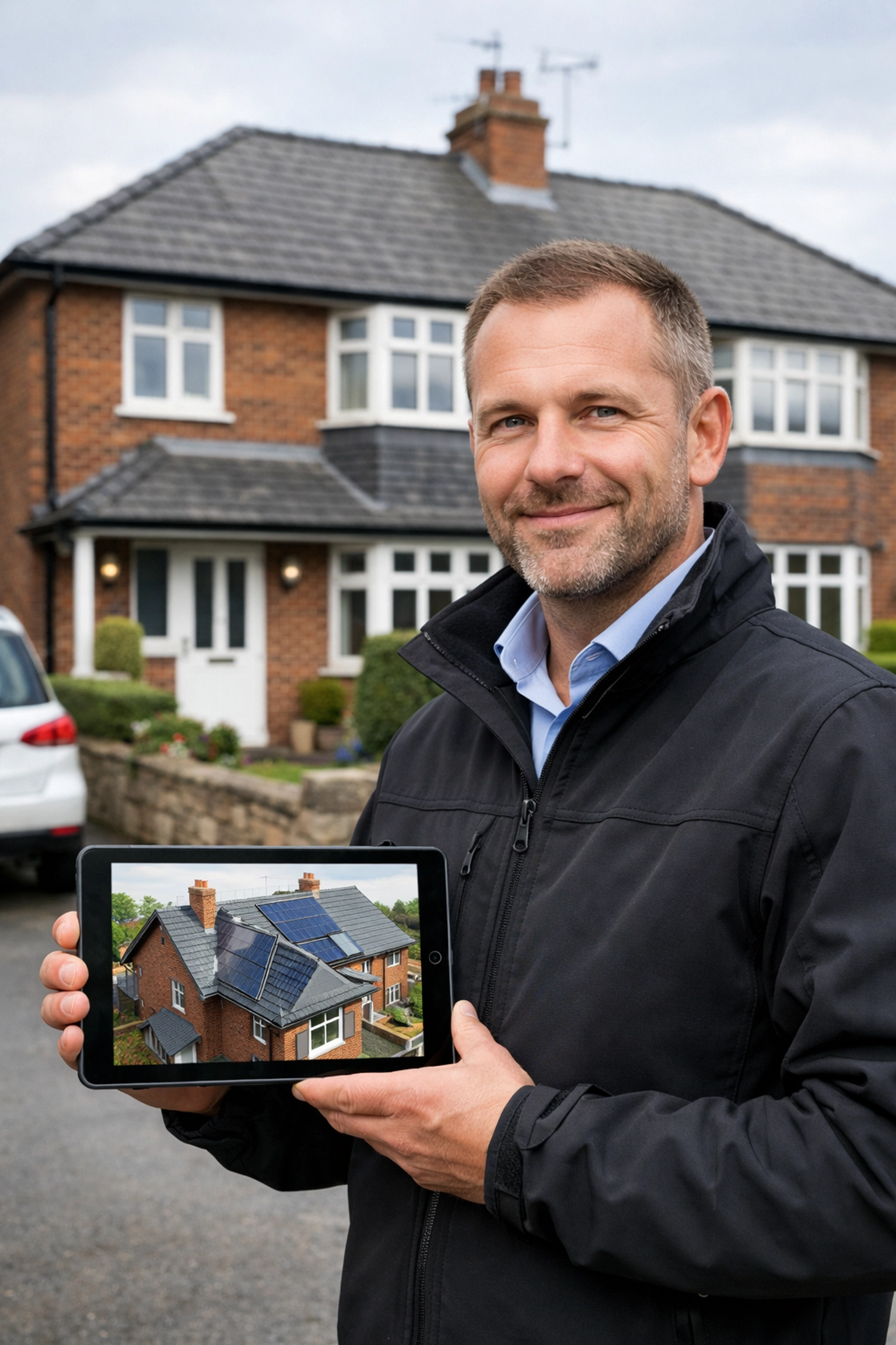 Professional solar installer conducting a technical on-site survey at a British residential property.
