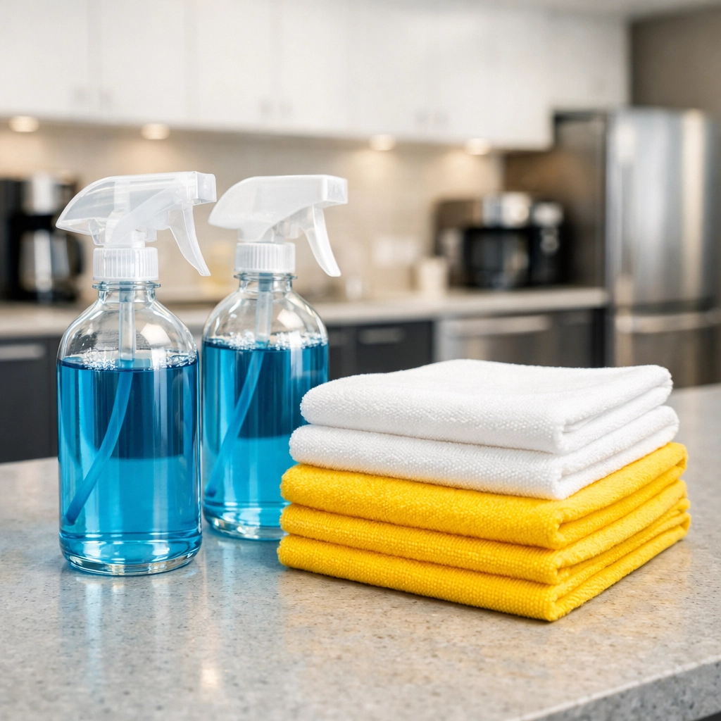 Eco-friendly commercial cleaning supplies on a spotless breakroom counter in a Sandwich business office.