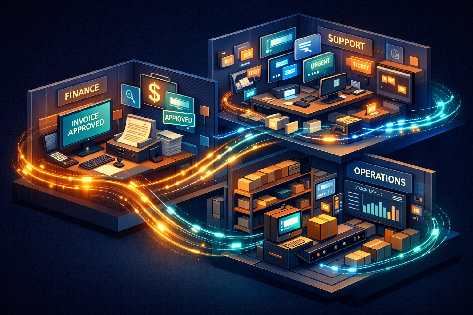 25 Creative AI Automation Ideas for Small Business Owners Who Think They've Tried Everything 4 Business process automation connecting finance, support, and operations departments