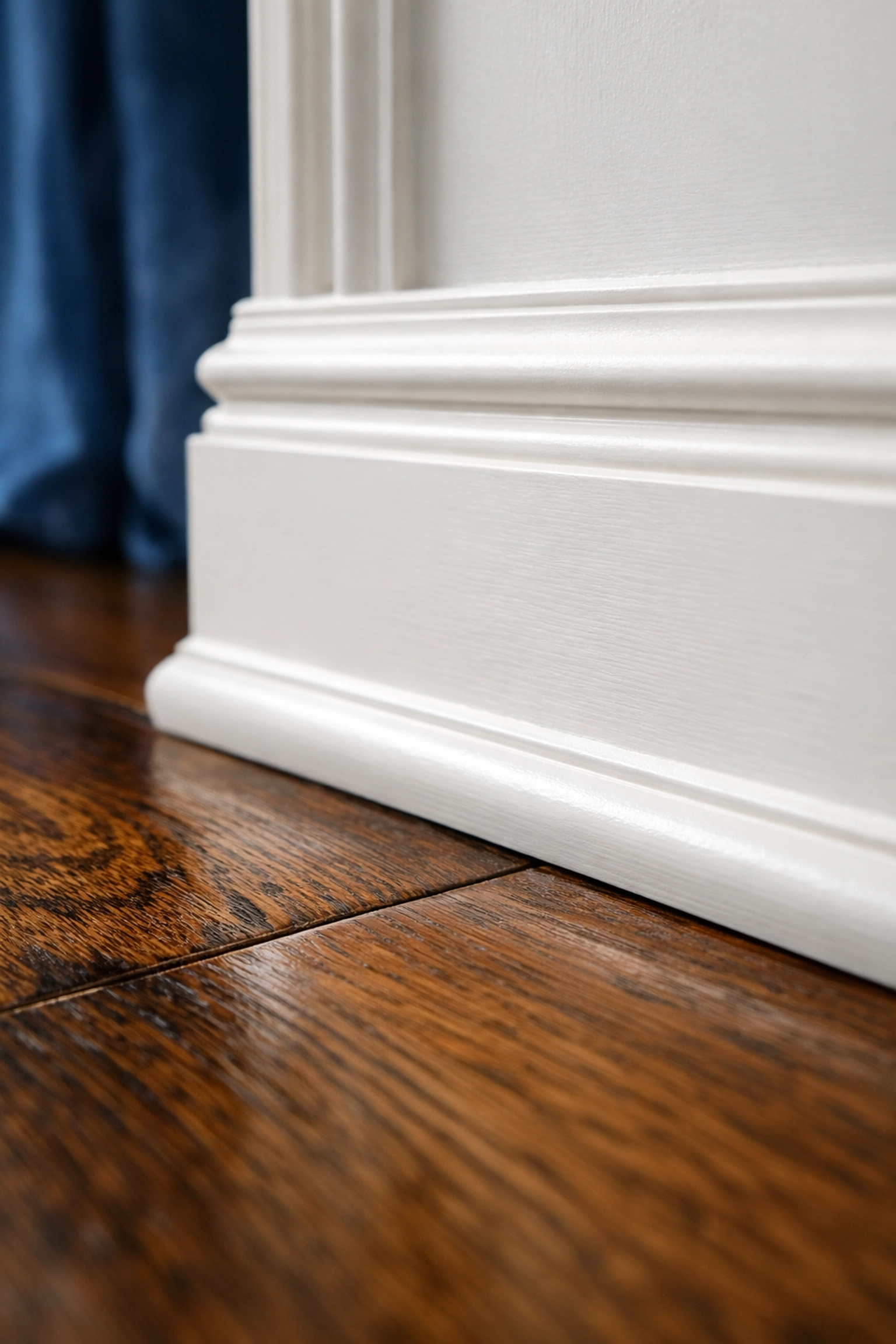 Detailed shot of dust-free hardwood floors and white walls in a historic home cleaned by house cleaning services MA.