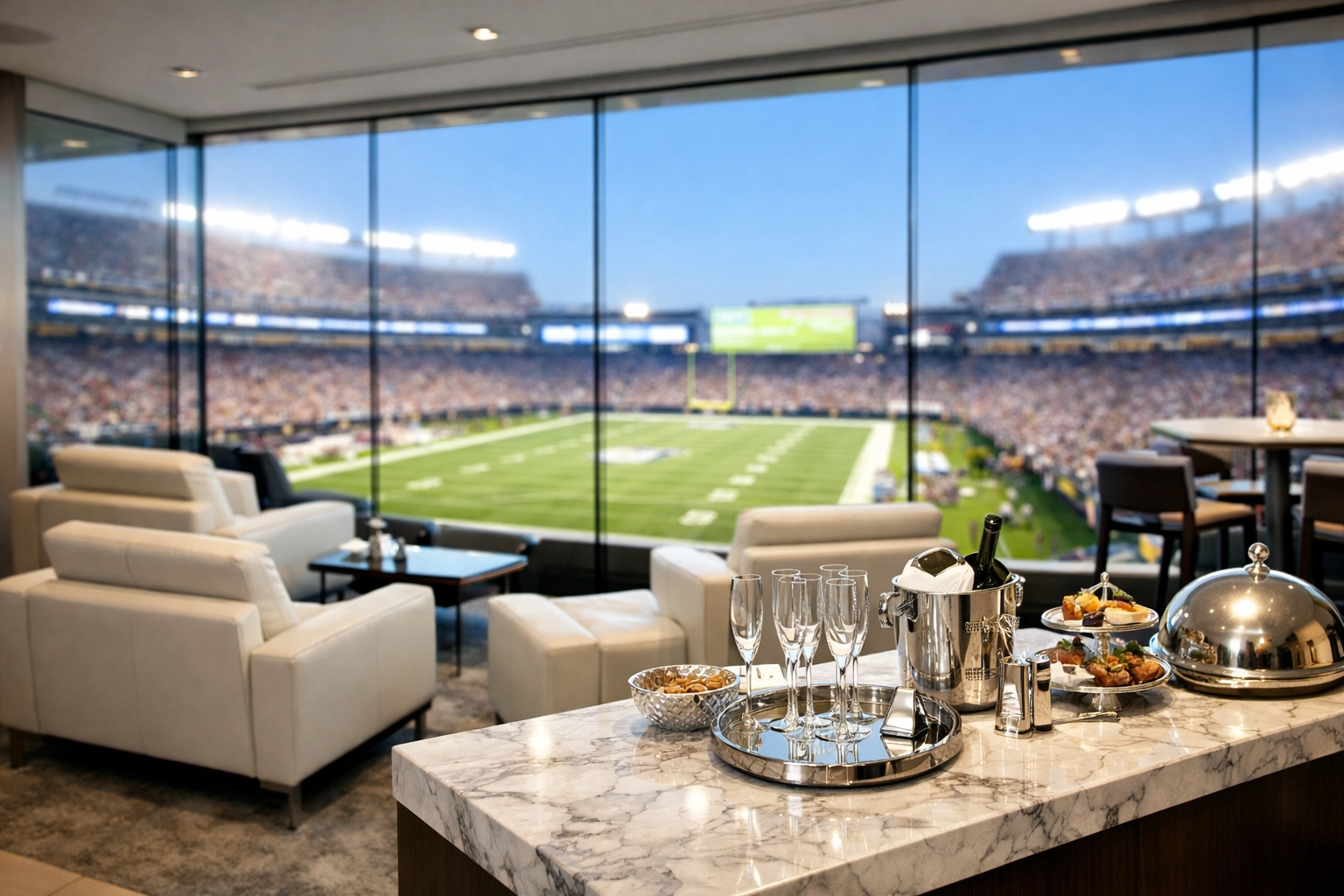 Modern Super Bowl luxury suite featuring exclusive lounge seating and a panoramic stadium view.