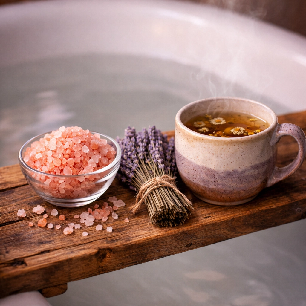 Budget friendly bath salts and lavender on a wooden tray for a luxury wellness club vibe at home.