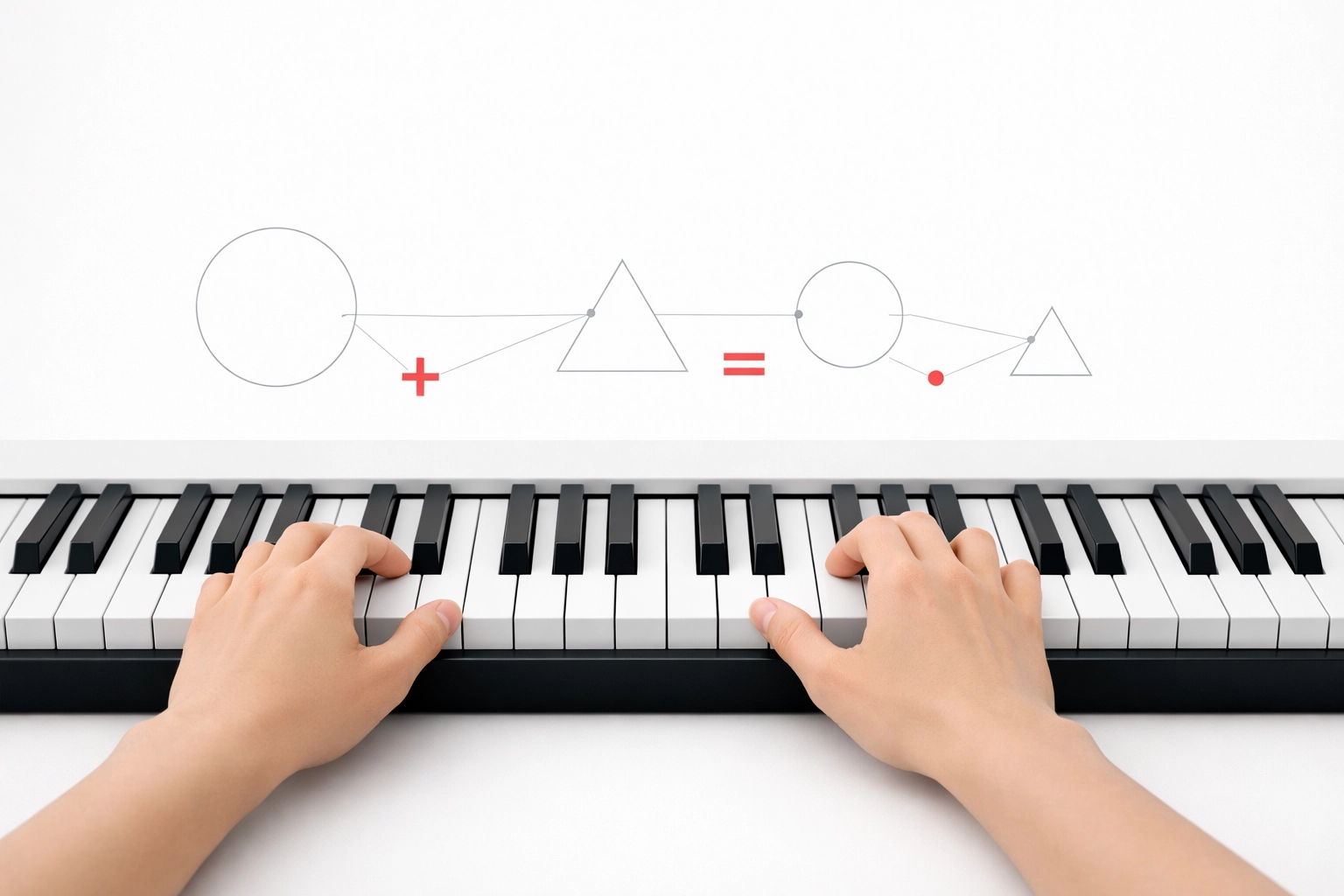 Hands playing a digital keyboard with geometric symbols illustrating the connection between music and math skills.