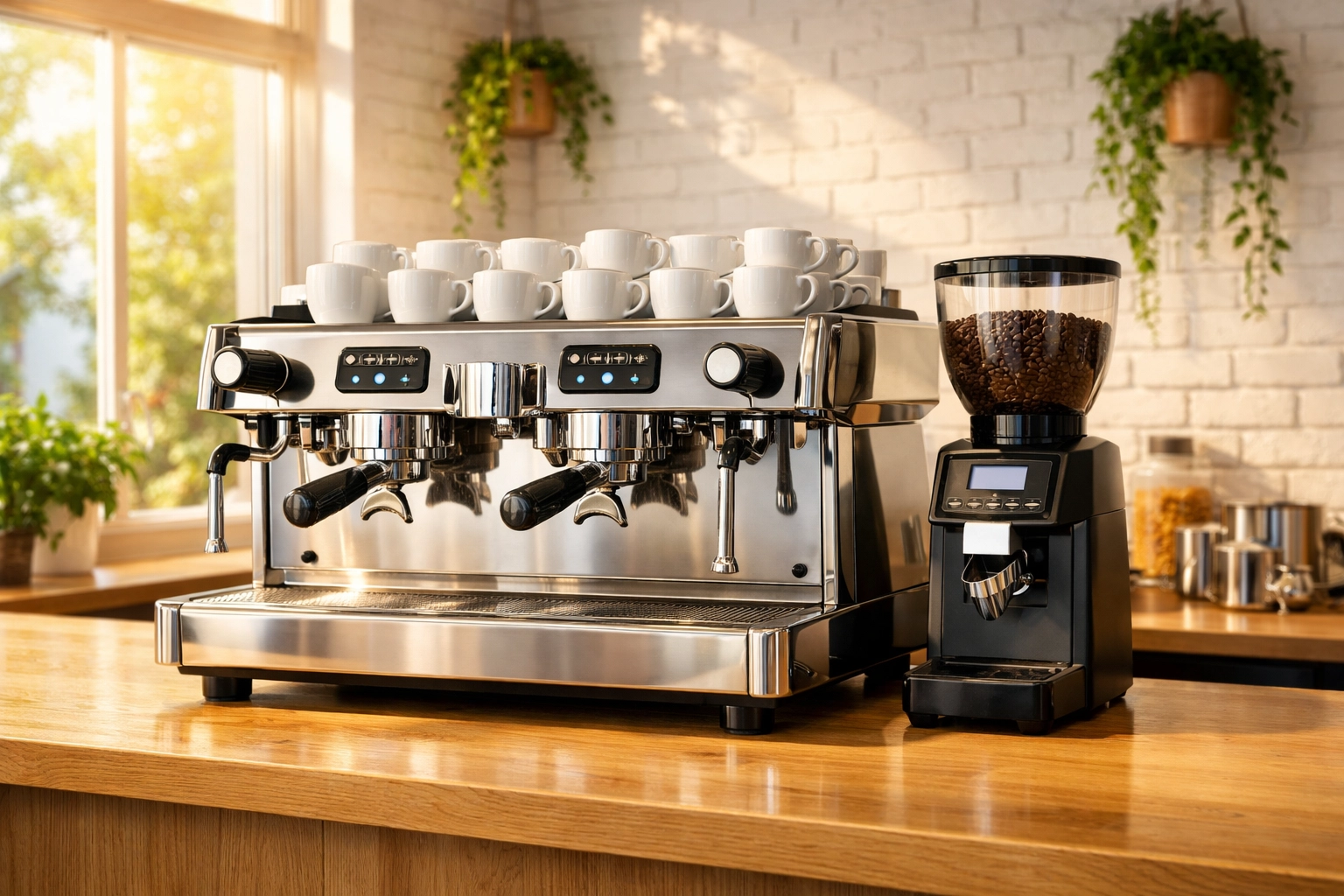 Professional stainless steel espresso machine and grinder on a clean coffee shop counter.