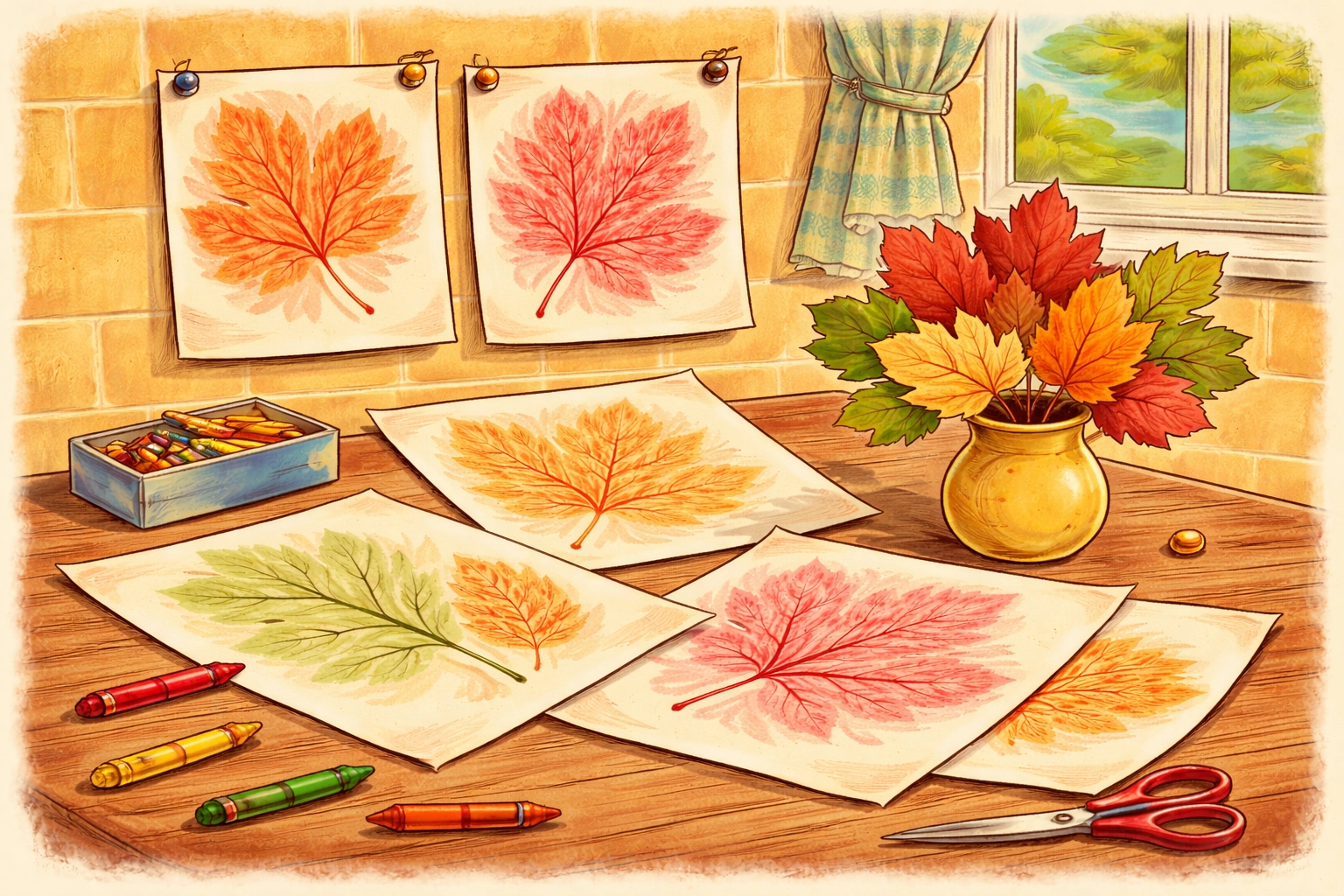 Colorful kids leaf rubbing artwork displayed on a kitchen table with a vase of fresh leaves