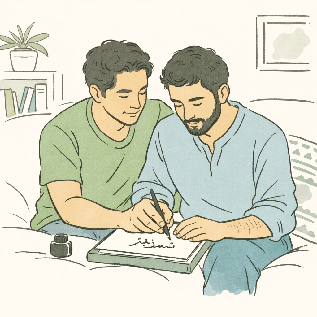 Gay men sharing cultural traditions through calligraphy lesson in intimate chosen family moment