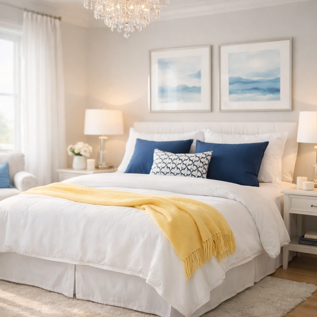 Dust-free Milton luxury cleaning sanctuary in a master bedroom with crisp white linens and blue accents.