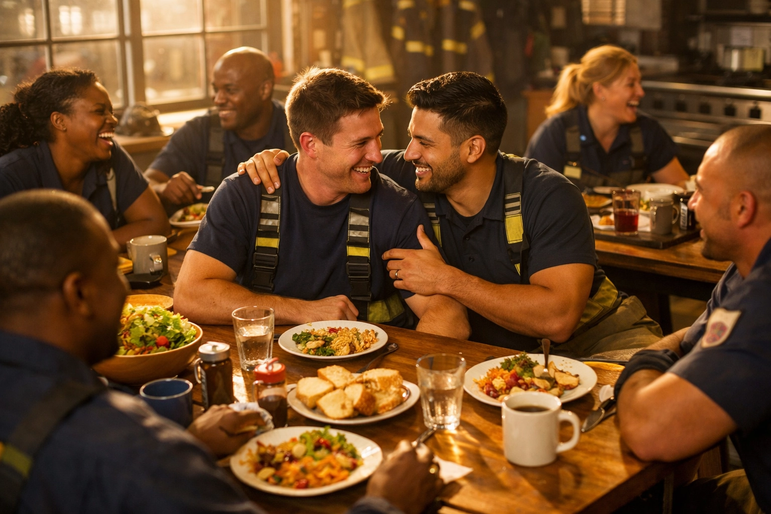 Gay firefighters sharing meal at firehouse table showing close bonds and community