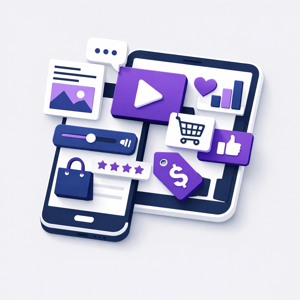 Dynamic digital content ecosystem on mobile devices showing personalized ecommerce marketing and content strategy.