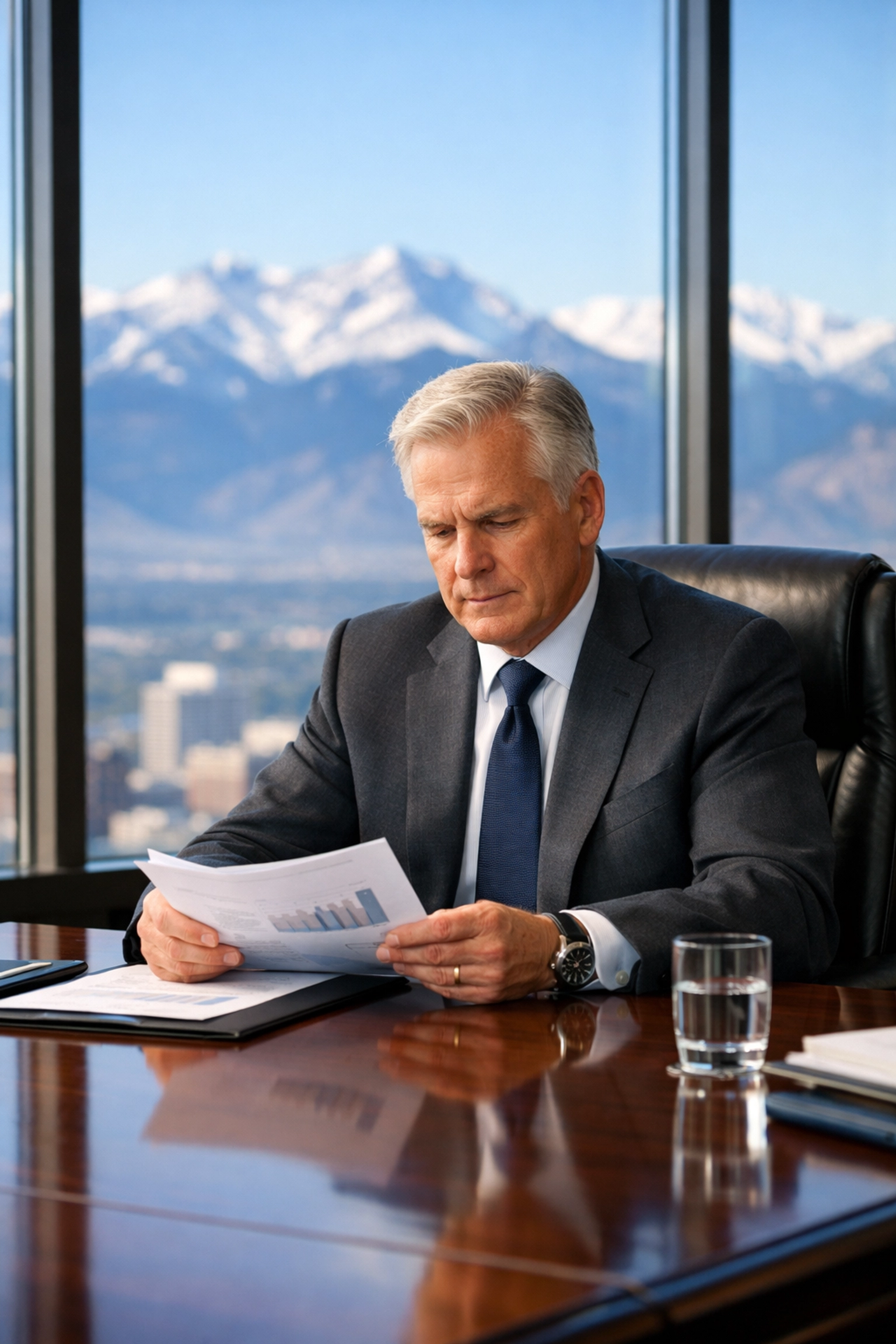 Corporate executive establishing thought leadership and brand presence in a professional office.