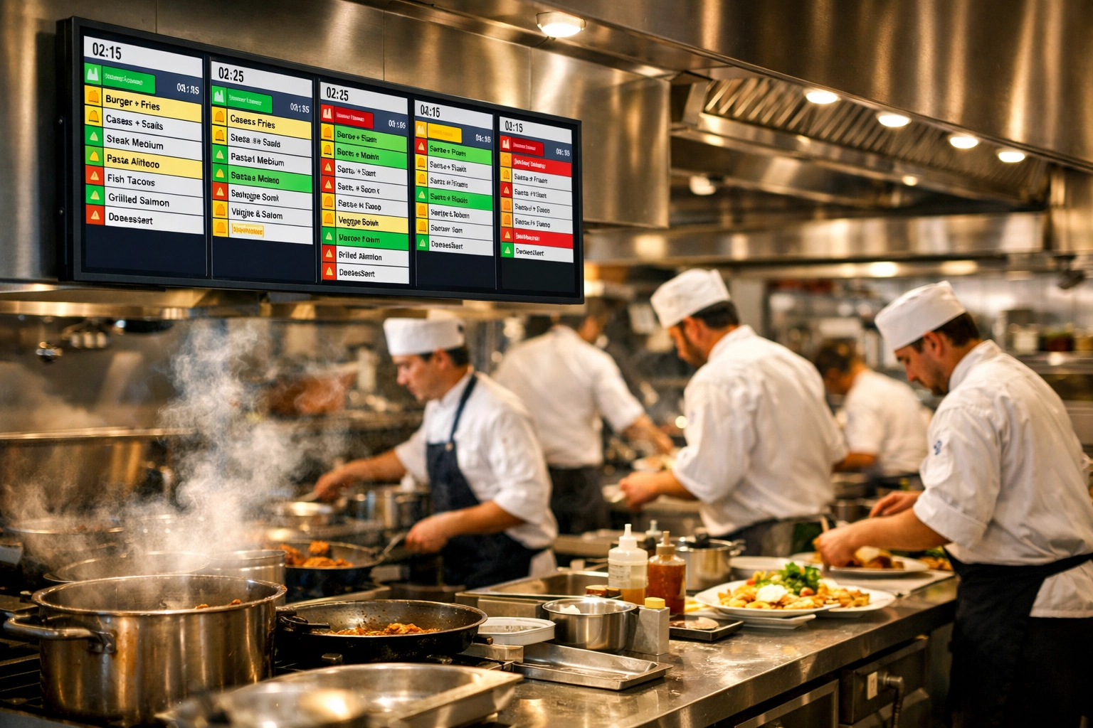 Restaurant kitchen display system showing digital order tickets for efficient food service management