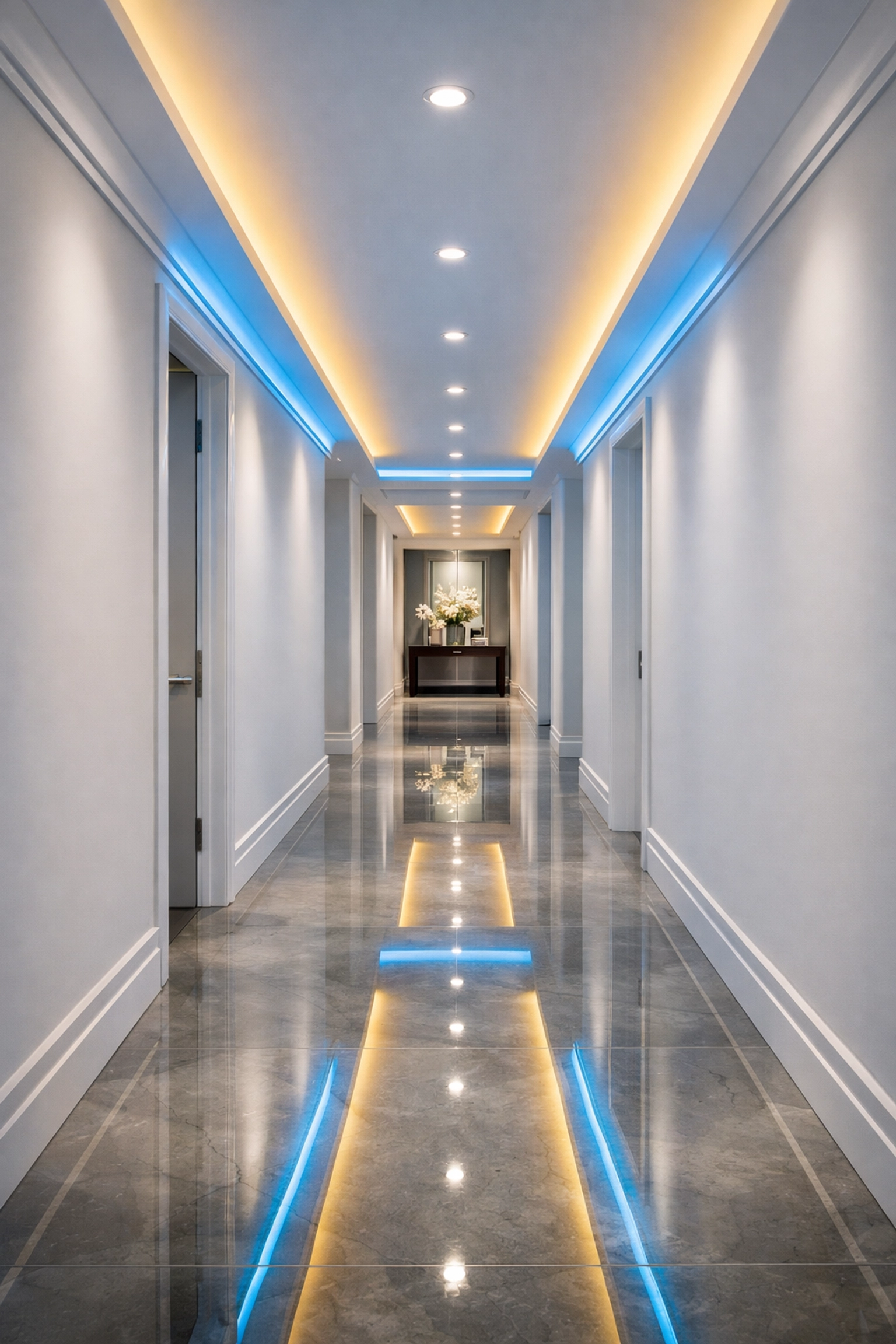 High-gloss hallway floors showcasing professional move-out cleaning Worcester in a luxury home.