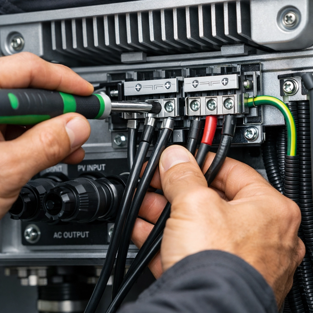 Professional technician installing a solar energy inverter system for a secure home supply.