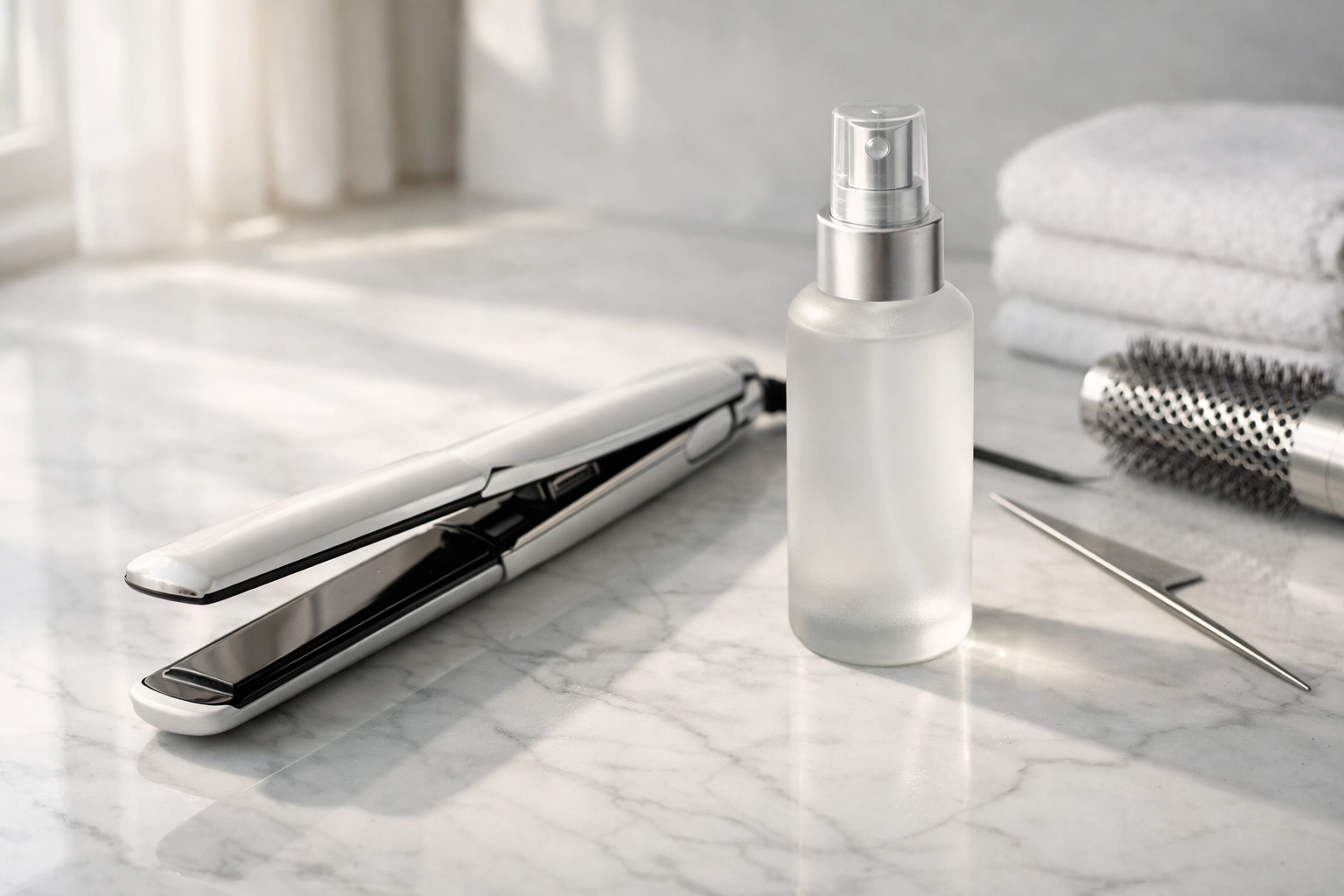 Professional flat iron and heat protectant spray on a marble counter at our Concord NH hair salon.