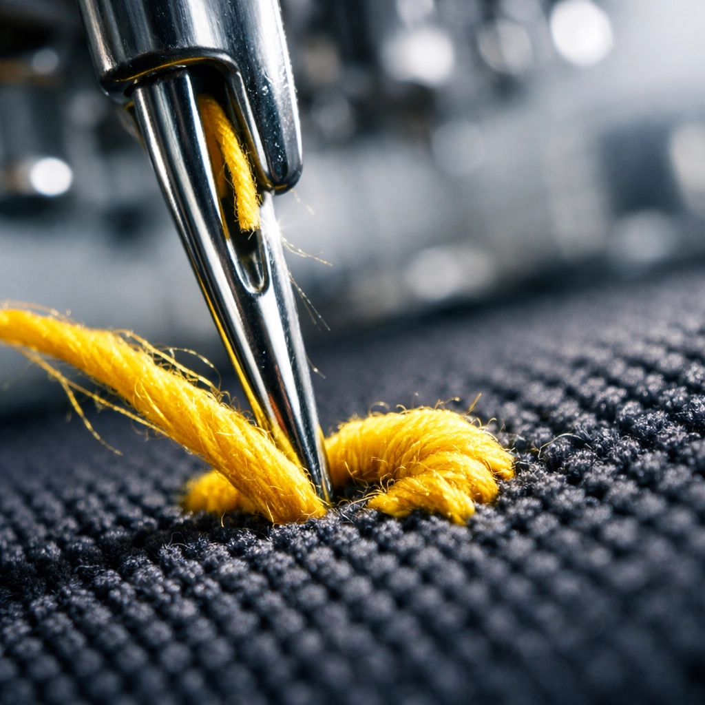 Close-up of embroidery needle stitching yellow thread for high-quality custom embroidered polos.