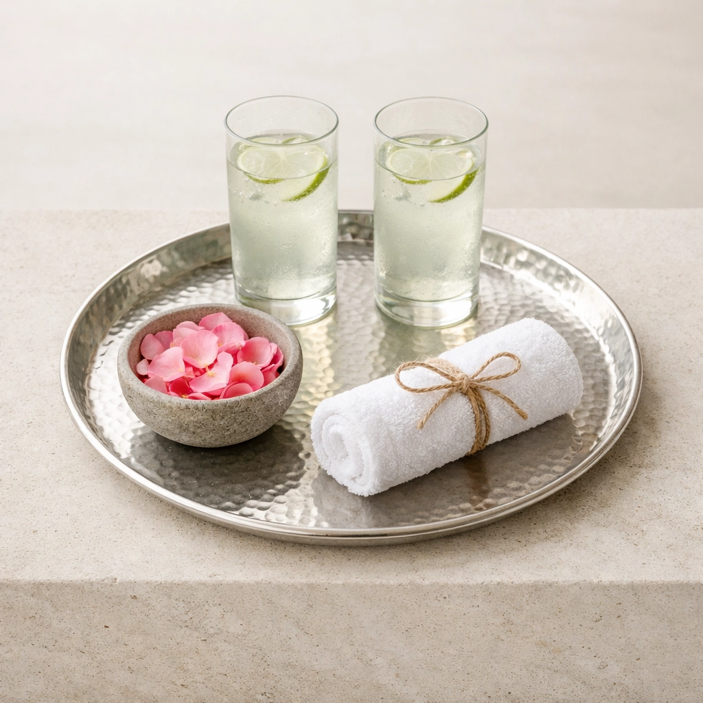 Traditional Indian hospitality welcome tray, a key touchpoint in guest journey mapping hospitality.