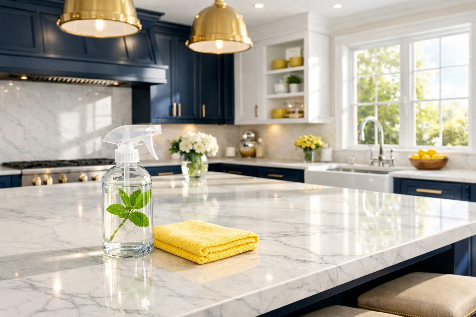 Eco-friendly Lexington luxury cleaning service for a modern kitchen with marble island and sunlight.