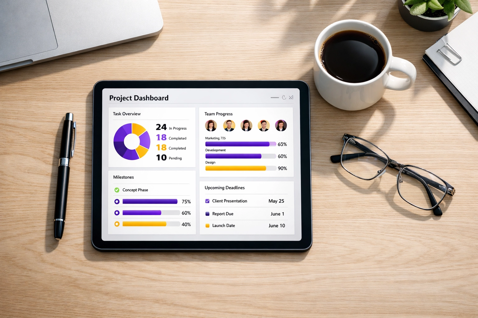 A modern dashboard on a tablet tracking website lead generation and sales pipeline metrics.