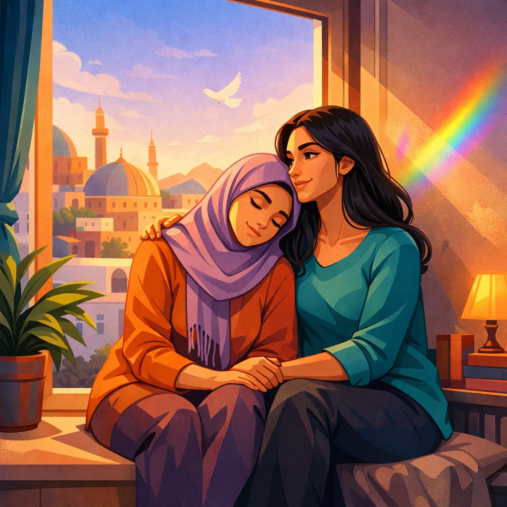Two women of Middle Eastern descent sharing a peaceful moment by a window, symbolizing resilience and new beginnings.